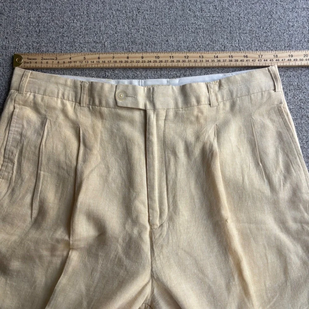 Maxini Linen Pants Mens 36 Pleated Yellow Straight Leg Dress Trousers